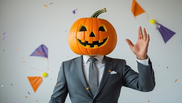 Business professional with pumpkin head walking on a white background, celebrating Halloween with creativity and humor