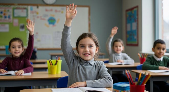 Young cute schoolgirl raising hand to answer question from teacher in classroom. Happy kid elementary student learning while sitting at desk during lesson. Education, knowledge, back to school concept
