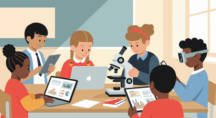 Diverse group of young students collaborating in a modern classroom using technology like laptops, tablets, and a microscope for STEM education.