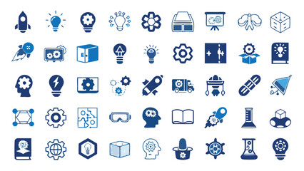 Obraz premium Collection of blue and white icons representing ideas innovation and creative thinking concepts in various forms
