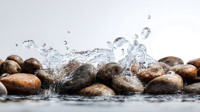 Fresh spring water pouring over smooth stones a transparent stream captured on white background great for hydration themes clean water campaigns and organic product ads