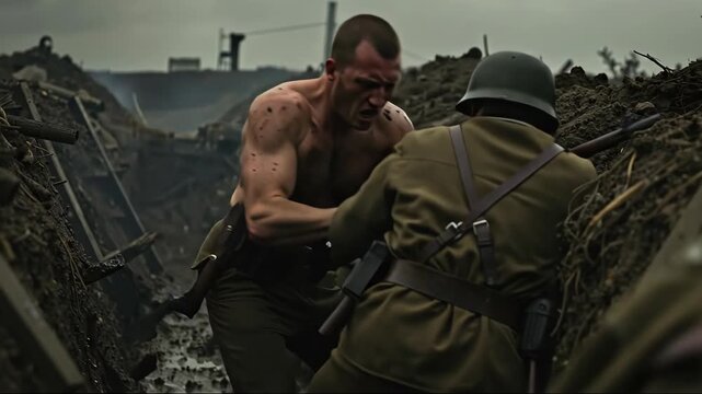 Handtohand trench fight under gray sky, raw wartime tension and survival. Use for security briefs, PTSD awareness, museum displays, memorial campaigns, recruitment visuals