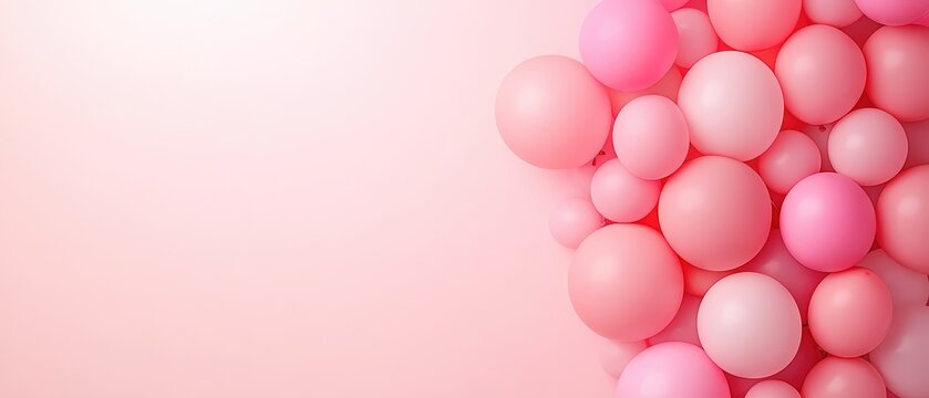 A collection of soft pink balloons clustered together against a pale pink gradient background. - Powered by Adobe