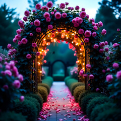 Romantic Pink Rose Garden Archway with String Lights and Petal-Covered Pathway at Twilight
