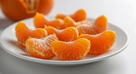 Fresh Mandarin Orange Segments on White Plate, Close-Up View