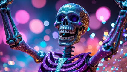 Colorful glitter-covered skeleton celebrating against a vibrant bokeh background
