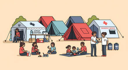 Humanitarian aid camp offering essential support and emergency medical services to displaced communities, emphasizing care, resilience, and global collective efforts.