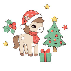 Hand Drawn Cute Christmas horse with Santa hat, gift and decorated Christmas tree vector