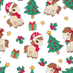 Hand Drawn Holiday Ponies with Gifts and Christmas Trees Seamless Pattern