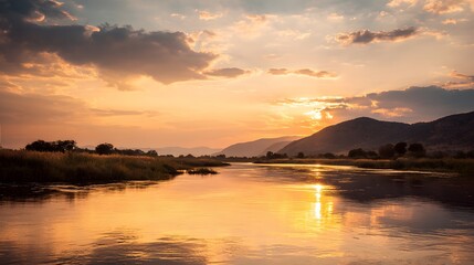 Golden sunset reflecting tranquil river surface with silhouettes of distant hills and soft clouds perfect for inspirational posters reflective nature blogs and peaceful landscape collections