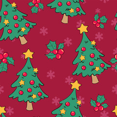 Hand Drawn Seamless Christmas Tree Pattern with Stars and Festive Background Vector