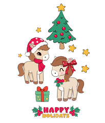 Hand Drawn Two Cute Ponies with Christmas Tree and Holiday Decorations Vector
