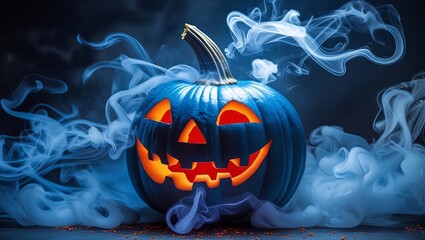 blue halloween pumpkin with a neon light on it is surrounded by smoke