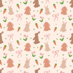 Seamless pattern featuring bunnies, carrots, flowers, and bows on a light background