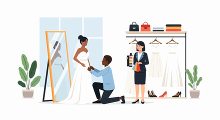 A bride-to-be trying on a beautiful white gown during a wedding dress fitting session in a modern bridal boutique with a tailor.