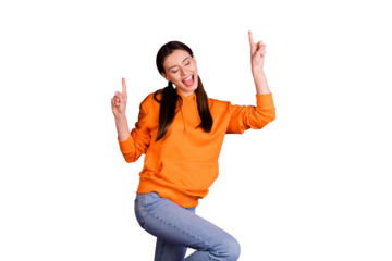 Portrait of positive cheerful funky youth girl dance enjoy party event feel crazy scream  shout wear sportive wear denim jeans isolated over violet purple color background
