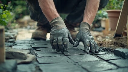 Close-up of Paver Installation with Gloved Hands Constructing a Stone Walkway