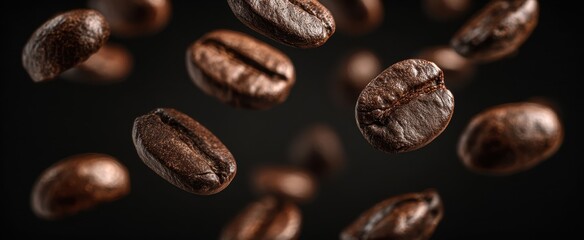 Fototapeta premium The Floating Roasted Coffee Beans Against a Dark Background