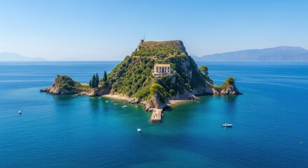 Picturesque island of Pontikonisi with charming villa surrounded by tranquil blue sea