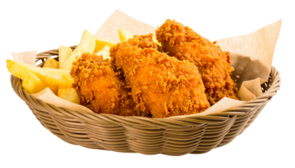 Fried chicken tenders and French fries in basket isolated on a solid white background Png form