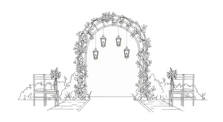 Romantic outdoor wedding ceremony setup with a floral archway, lanterns, and benches. A beautiful concept for a marriage celebration.