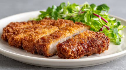 ジューシーで厚切りの豚肉にサクサクの衣をつけた食欲をそそるトンカツと新鮮なグリーンサラダ