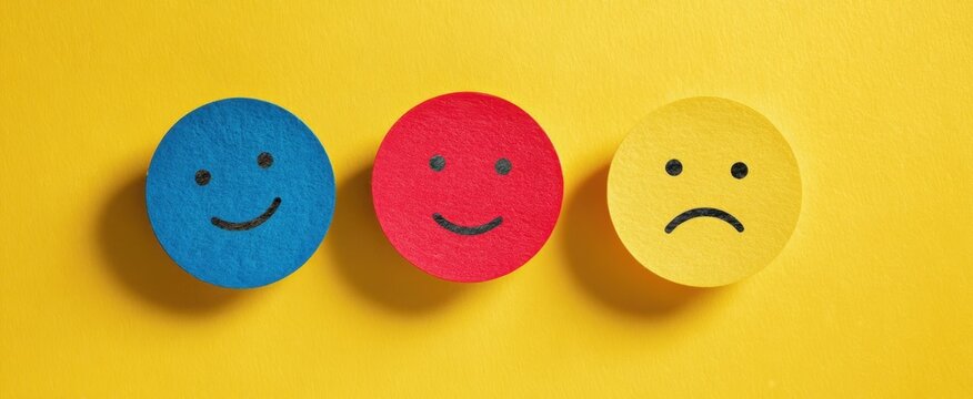The colorful emoticons representing various feelings on a bright yellow background. - Powered by Adobe
