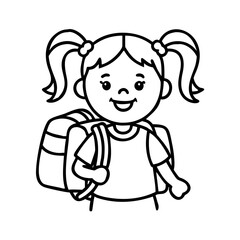 Happy School Girl with Pigtails and Backpack Black and White Line Art Vector