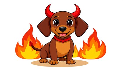 Cute cartoon dog with devil horns and flames