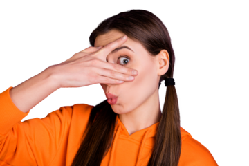 Close up photo of cute lovely nice astonished youth girl hide close cover hand her face eyes see novelty wonder wow omg wear sporty wear isolated over violet purple color background