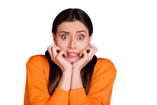 Close up photo of frustrated scared youth girl with pigtails ponytails hear horrible news bite nails wear teen sportswear hood isolated over purple violet color background