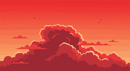Crimson Skies Red-toned clouds fill the sky, with birds flying. Low-poly aesthetic