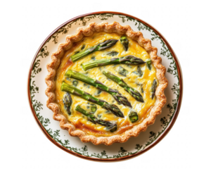 Delicious homemade asparagus quiche served on a decorative plate on transparent background