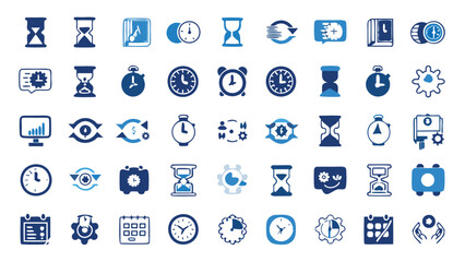 Fototapeta premium Collection of blue time related icons featuring clocks hourglasses and calendar symbols in various designs