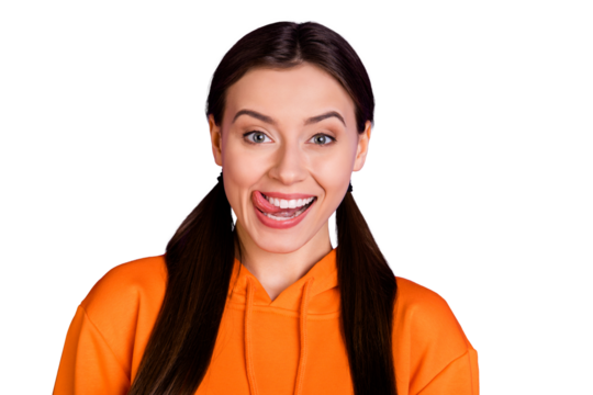 Close up photo of funny funky teen girl lick her lips have holidays enjoy weekends wear sportswear hood good-looking clothes isolated over violet purple bright color background