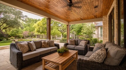 Luxury Outdoor Living Space with Wicker Furniture and Wood Ceiling Overlooking a Lush Garden