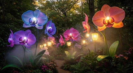 Illuminated Orchid Garden Path at Dusk