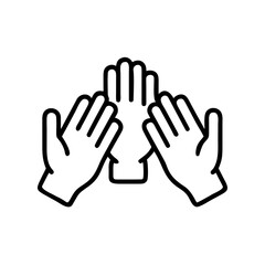 Obraz premium Minimal black line icon of three raised hands, representing celebration, teamwork, and success. 