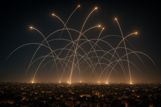 Multiple interceptor missiles launch simultaneously to counter a large-scale attack. Each interceptor streaks across the night sky toward its target. The power of an interceptor defense grid.