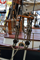 Close Up of Ropes and Rigging on Deck of Sailing Ship