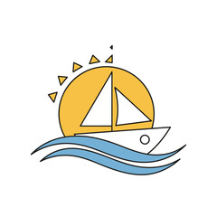 A cheerful summer icon. Fusing a sun, sailing boat, and wave, it symbolizes adventure, ocean breezes, and the freedom of vacation