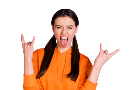 Close up photo of funky funny foolish crazy teen girl show horned sign scream with tongue-out enjoy rock roll concert on weekends wear sportive wear isolated over violet purple color background