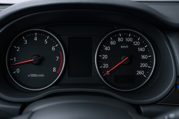 Car Dashboard Close-Up: Modern Vehicle Instrument Panel with Speedometer and Tachometer Showing Vehicle Operation