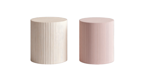 Two ribbed, cylindrical, light-toned accent tables