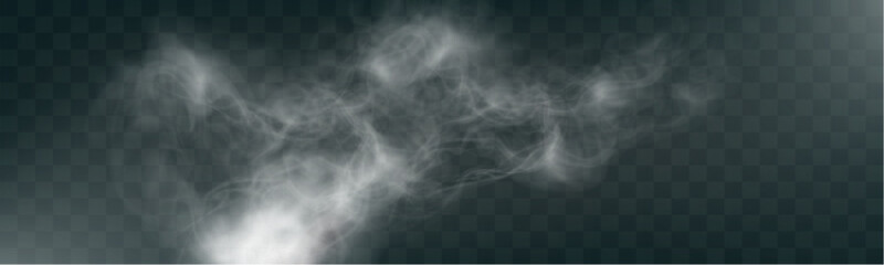 Realistic white smoke or mist effect with soft, swirling patterns on a transparent background. Perfect for overlays and atmospheric designs.	