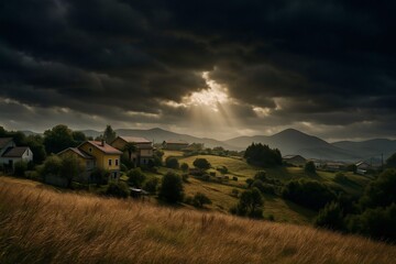 Fototapeta premium Dramatic sky over rural landscape with sun rays through clouds