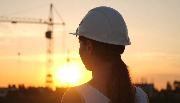 Woman in hardhat observes sunset at construction site
