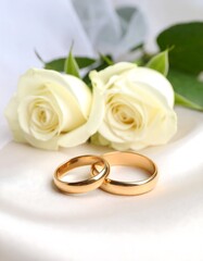 Two creamy white roses and gold wedding bands rest on a satin surface