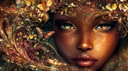African American portrait romanticism Fantasy opal ruby gold fairy swirls on a fairy swirls. Butterfly background