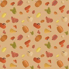 Seamless pattern with pumpkins and gourds in warm autumn tones, ideal for fall fabrics, wrapping paper, or seasonal backgrounds.